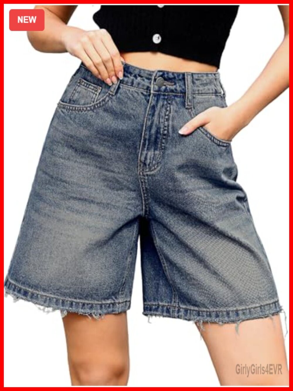 Baggy Wide Leg Bermuda Jorts Knee Length Denim Shorts Elastic Waist High Rise